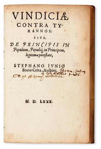 POLITICAL THOUGHT  LANGUET, HUBERT, attributed to.  Vindiciae, contra tyrannos.  1580
